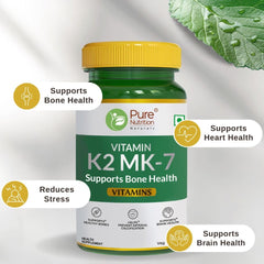Pure Nutrition Vitamin K2 Mk-7 Supplement For Bone Health | Support Cardiovascular Wellness & Brain Health | 60 Veg Tablets , 100gm 0.2lbs