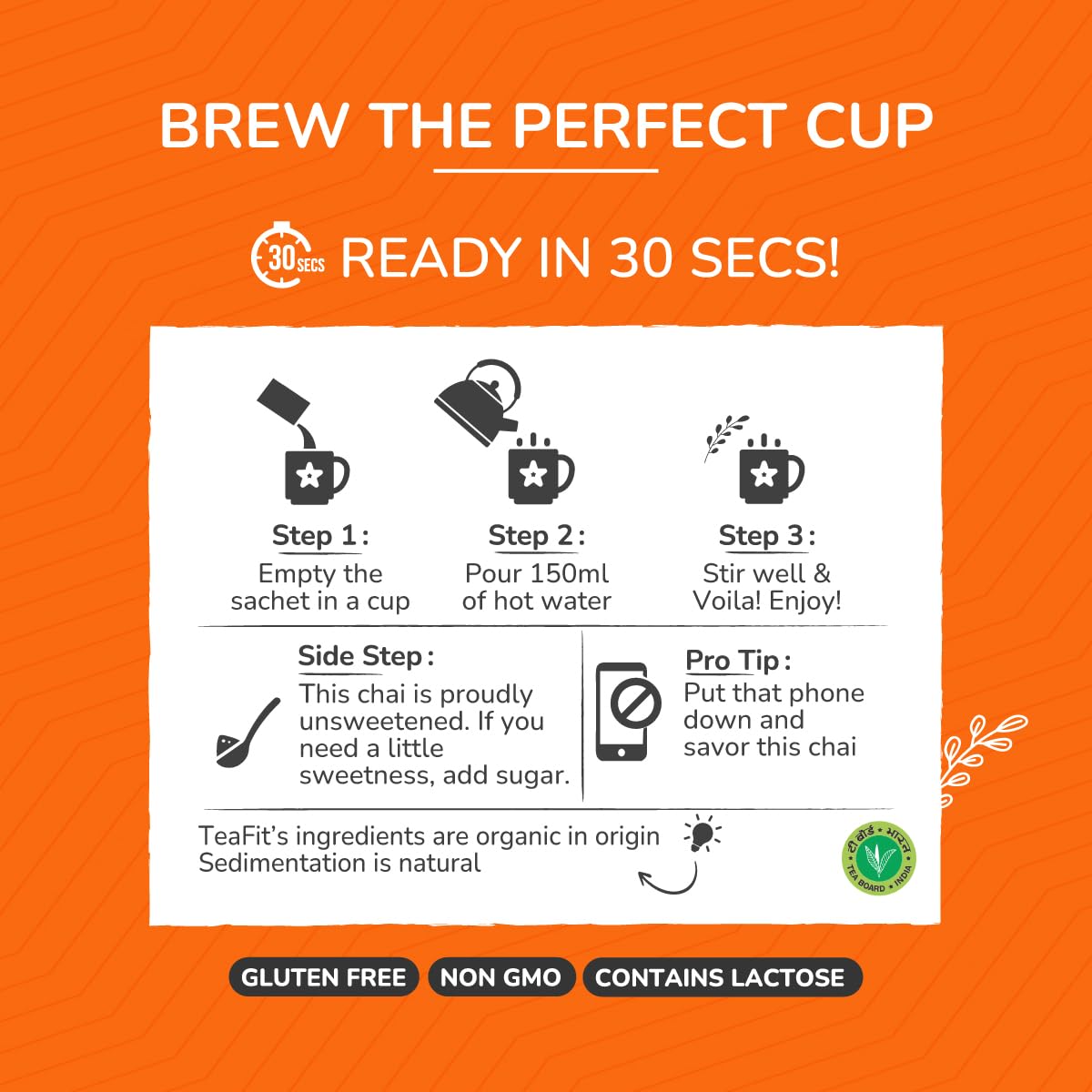 Teafit Unsweetened Instant Ginger Tea Premix - Pack Of 20 Sachets, 280gm, 9.8 Ounce | Premium Milk Tea Premix, Just Add Water - Strong Home Like Adrak Kadak Chai | Medium Caffeine