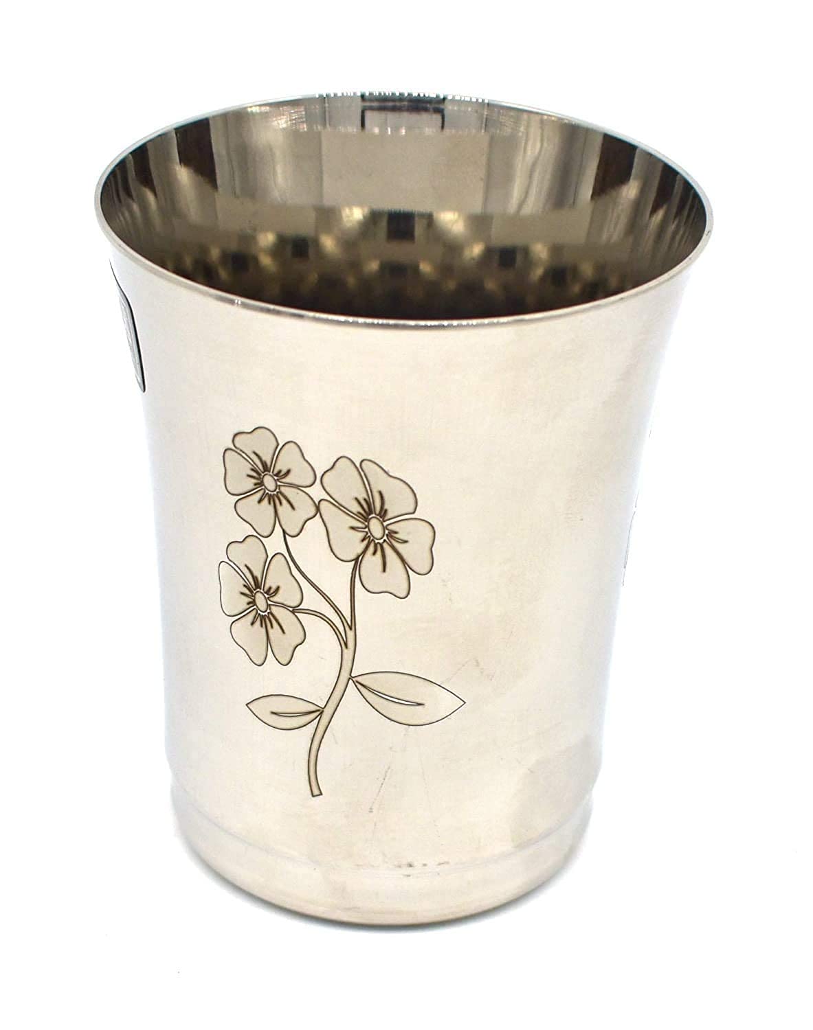Silver Stainless Steel Water Glasses Set Of 6 - 350ml Each | Tableware Juice Glasses - Floral Design, Drinkware Glasses Set