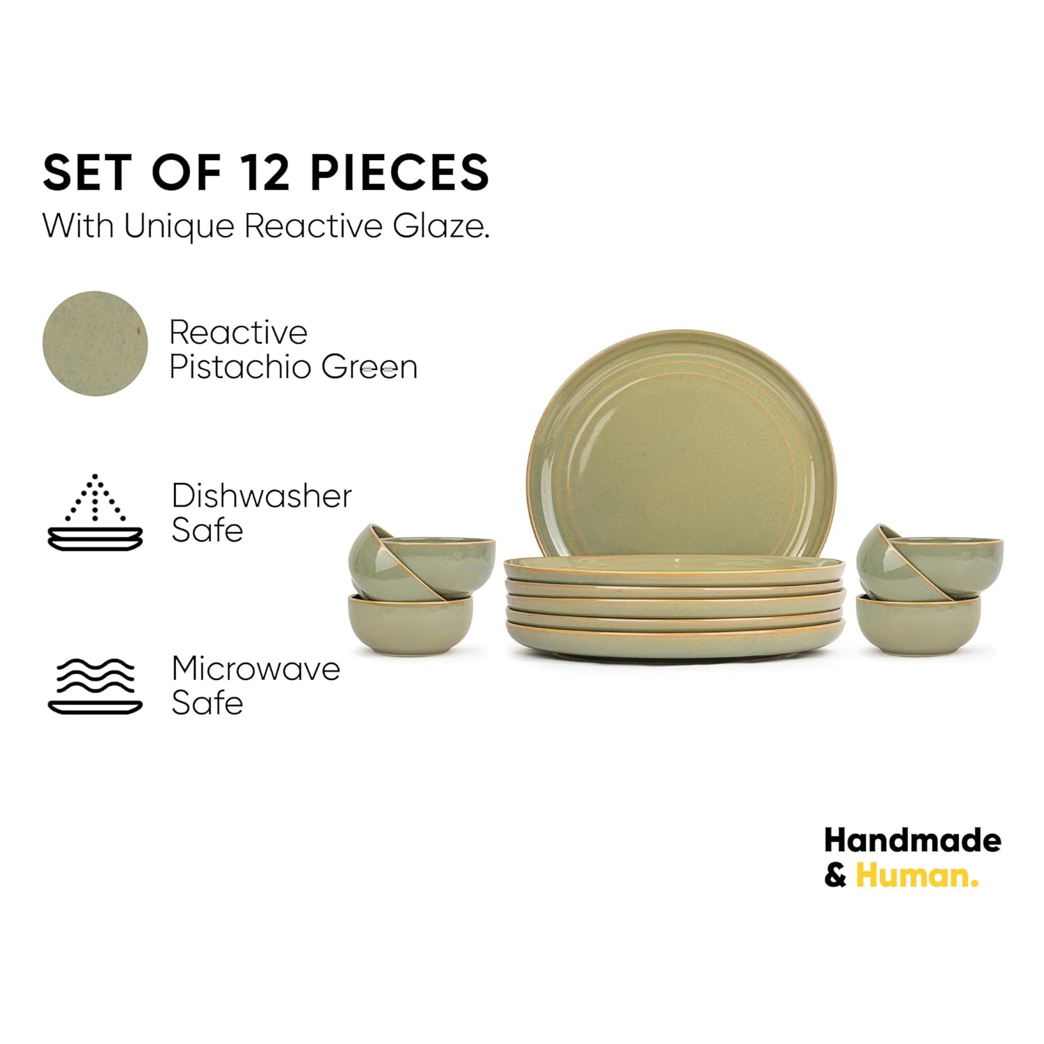 Ceramic Dinner Set Of 12 Pcs, Pistachio Green | Crockery Set For Dining Table - Dining Set Crockery Items | Glossy Finish Premium Stoneware Dinner Set | 6 Dinner Plates+ 6 Veg Small Bowls, 180ml Each