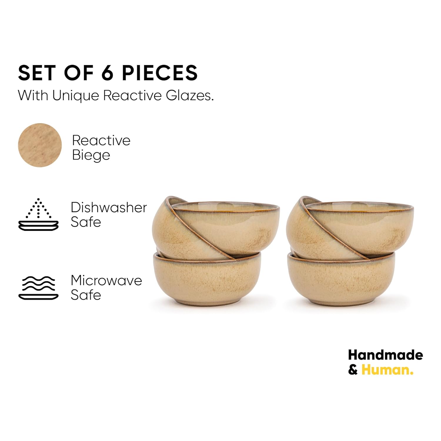 Ceramic Veg Bowls Set Of 6 For Dinner - 180ml Each, Beige Reactive | Katori Set With Glossy Finish - Porcelain Ceramic Bowls Set | Dessert Bowl Set