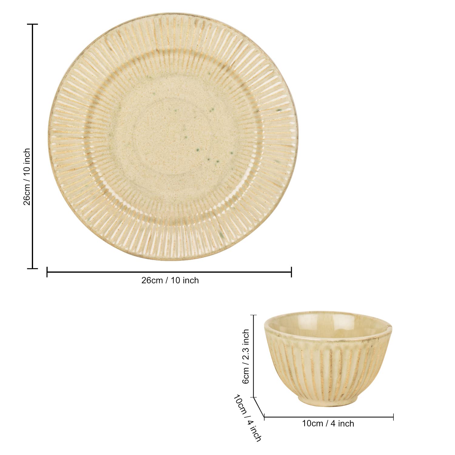 Ribbed Ceramic Dinner Serving 2 Plates With 4 Dinner Bowls Set Of 6 - Ivory, Plate Diameter: 10 Inches - Dazzling Riviera