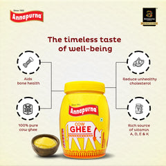 Premium Pure Cow Ghee By Annapurna | Rich In Vitamin A, D, E & K Healthy Nutrients Pure Desi Ghee Protact Your Eyesight | (1 Litre) 33.8 Ounce | Jar Pack
