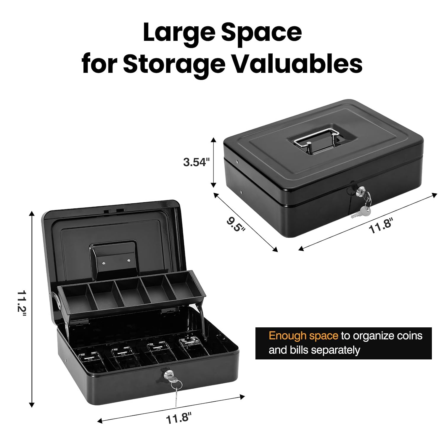 Locking Cash Box With Carry Bag, Metal Money Box With Money Tray, Durable Lock Safe Box With Key, 4 Bill 5 Coin Slots, Cantilever Design, Large Cash Boxes, Money Saving Organizer, Colour - Black