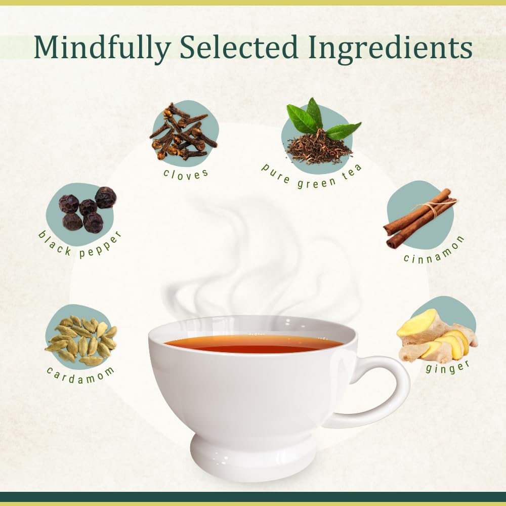 Tea And Twigs Spiced Green Tea - 50gm, 1.7 Ounce, 25 Pyramid Teabags | 100% Pure Spices - Cinnamon, Cardamom, Clove, Black Pepper, Ginger & Green Tea | Soothing & Relaxing Tea, Caffeine Free
