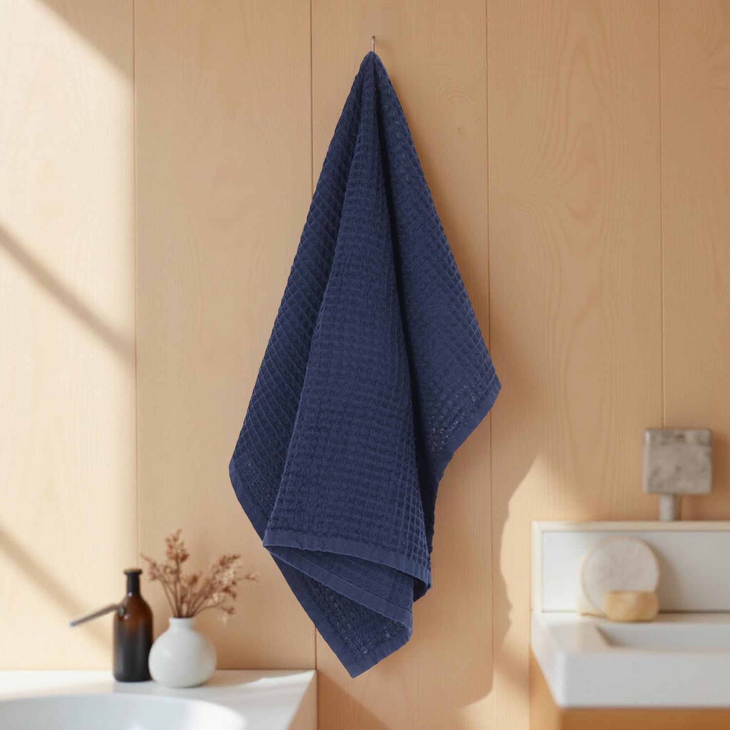 Hamelin The Ezra Waffle Hand Towel 400 Gsm | Pure Cotton Lightweight Anti Microbial & Water Absorbent | Softer Touch Quick Drying Towels (Blue)- Pack Of 2