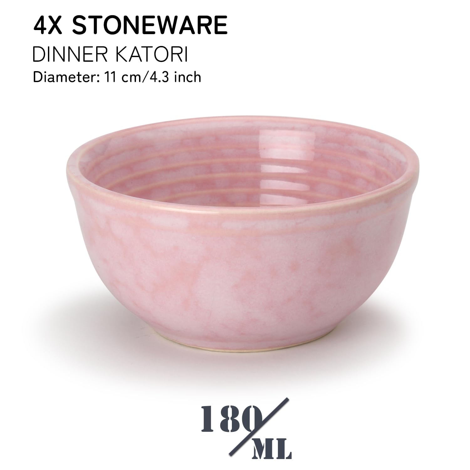Reactive Glazed Ceramic Serving Dinner Bowl Set Of 4 - 180ml Each, Pastel Pink | Microwave & Dishware Safe - Serving Katori Set