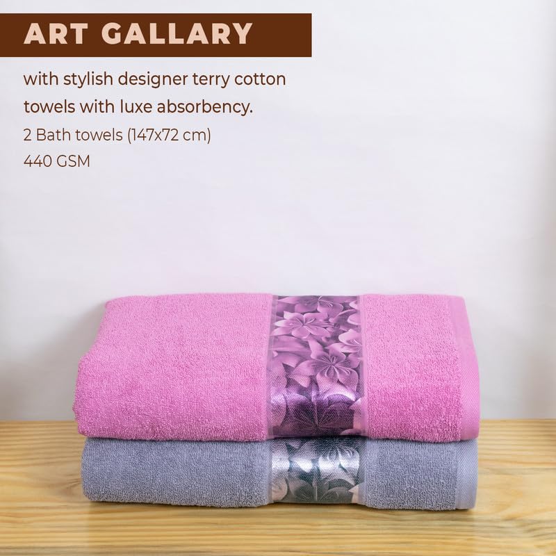 Rangoli 100% Cotton Fibre Bath Towels 1000 Gsm | Highly Durable & Absorbent With Printed Border | Quick Drying Towels (Pink & Grey) - Pack Of 2