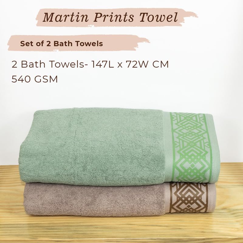 Rangoli 100% Cotton Fibre Bath Towel 1200 Gsm | Highly Durable & Absorbent Towel | Skin-Friendly & Quick Drying Luxury Towels (Green & Brown) - Pack Of 2