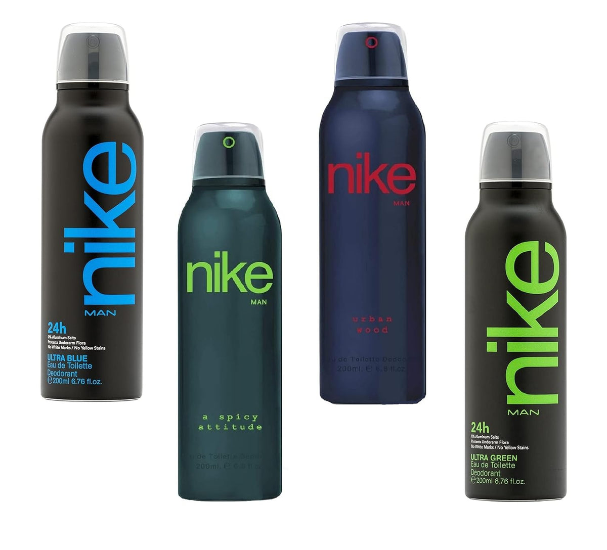 Nike Ultra Blue, Spicy Attitude, Urban Wood & Ultra Green Eau De Toilette Man Deodorant 800ml 27.0 Fl.oz. Pack Of 4 | Perfect Gift Set