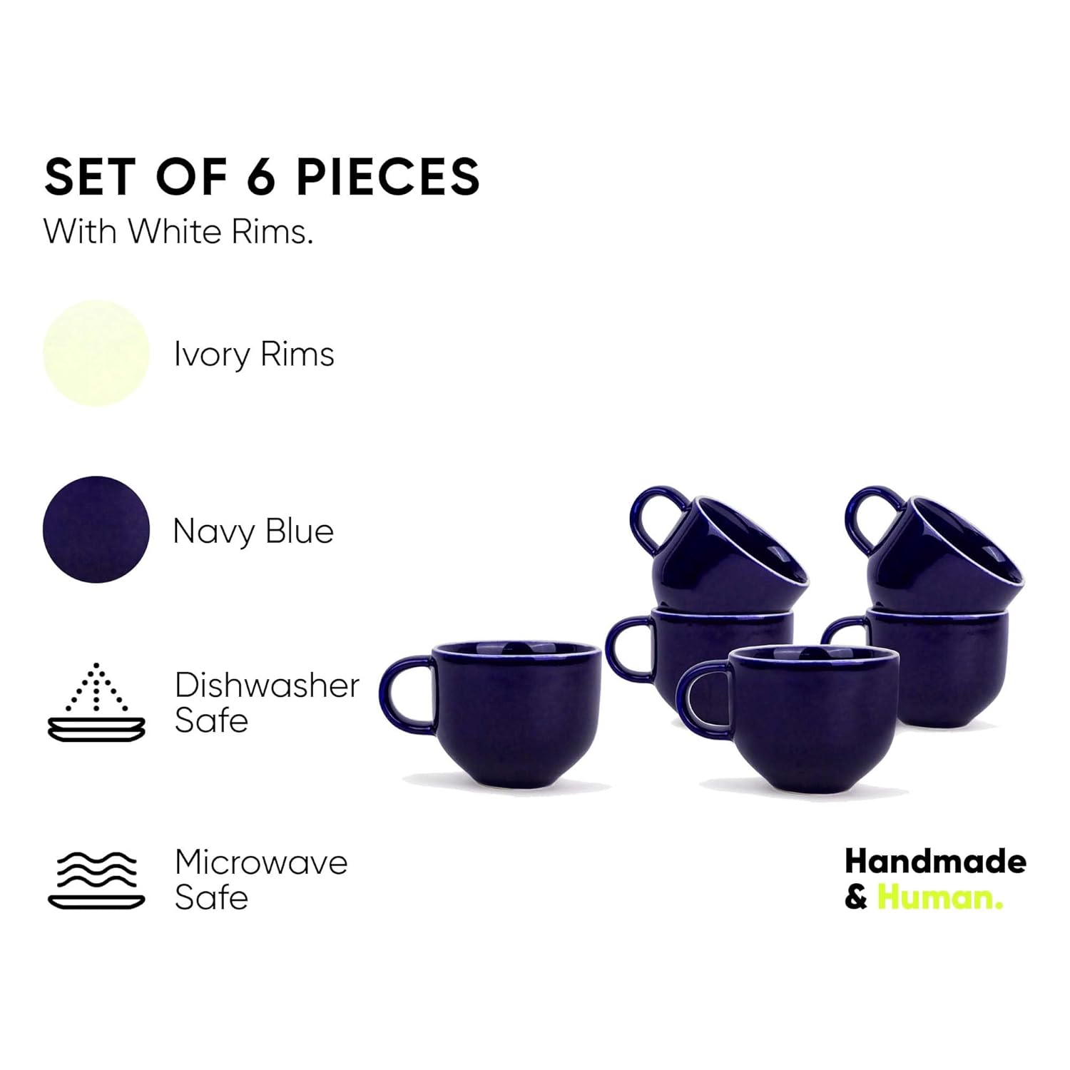 Ceramic Tea Cups Set Of 6 - Navy Blue Rim, 200ml Each | Tea Cup Set Of 6 - Premium Stoneware Tea Cup Set With Glossy Finish | Ceramic Tea Cup - Small Cups For Tea | Microwave Safe & Dishwasher Safe
