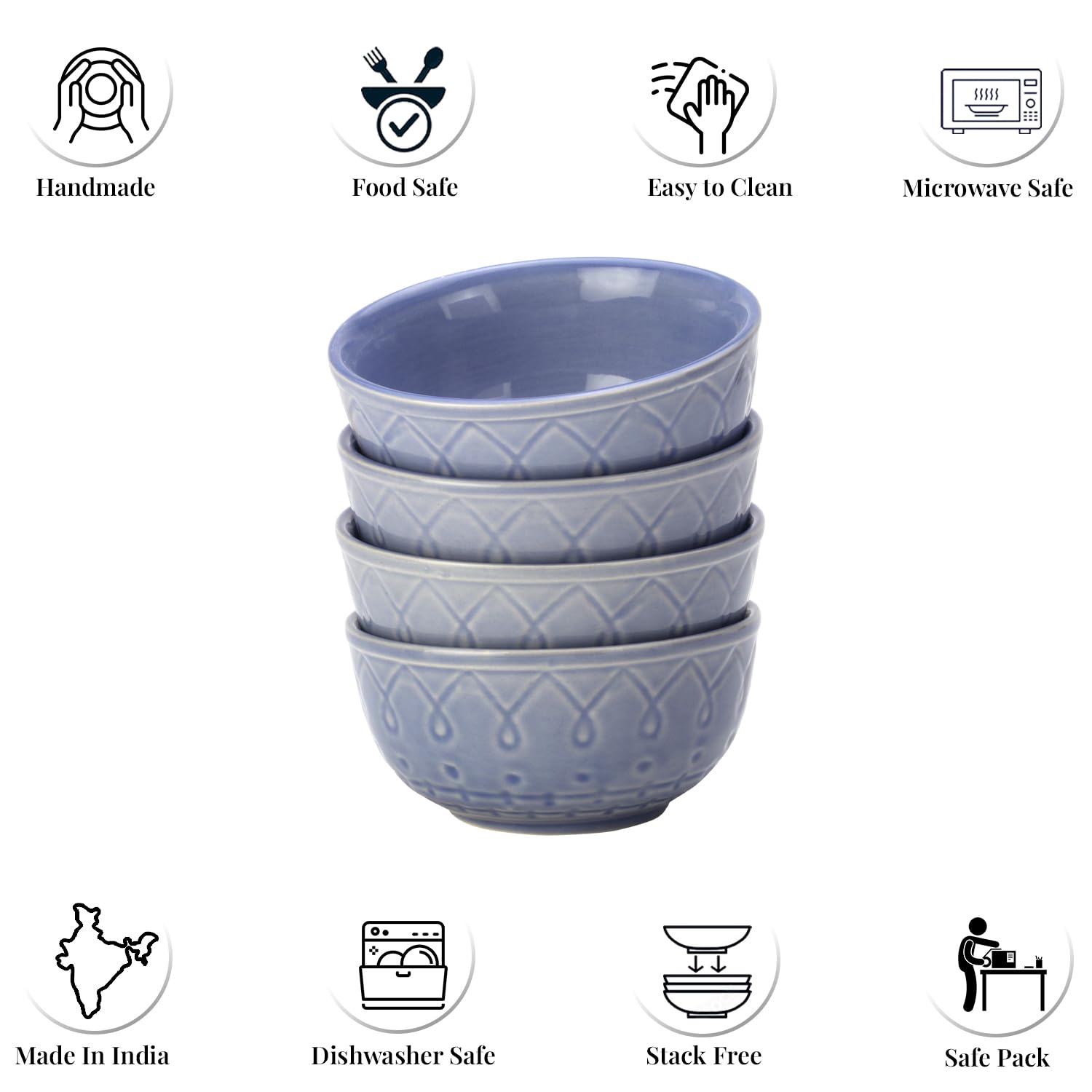 Ceramic Hand Glazed Stoneware Embossed Dinner Katori Set Of 4 - 180ml Each, Mist Blue | Microwave Safe & Dishwasher Safe - Small Serving Bowl Set