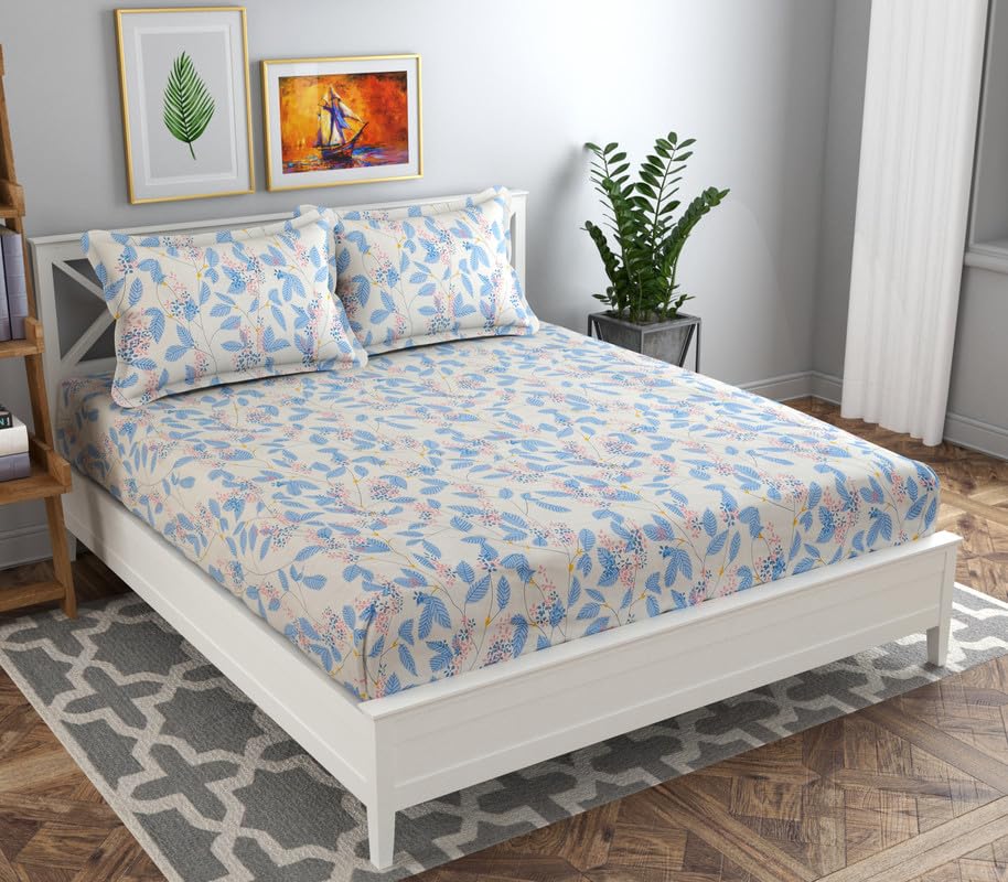 Double Floral Bedsheet With 2 Matching Pillow Covers | 88 X 90 Inches, Beige & Blue - Soft Brushed Microfiber & Breathable & Wrinkle Free