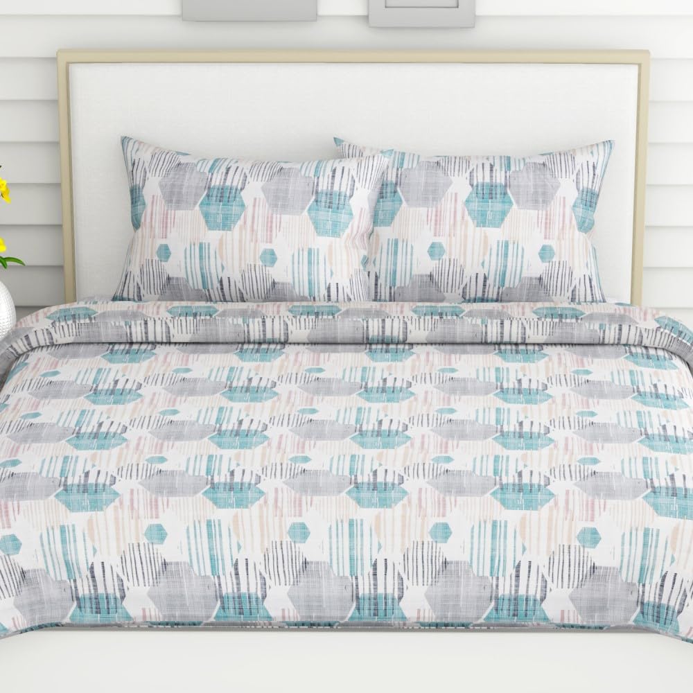 Pure Cotton Queen Size Bedsheet With 2 Matching Pillow Covers - 90 X 100 Inches, Grey & Pink | Easy Care & Long-Lasting Fabric