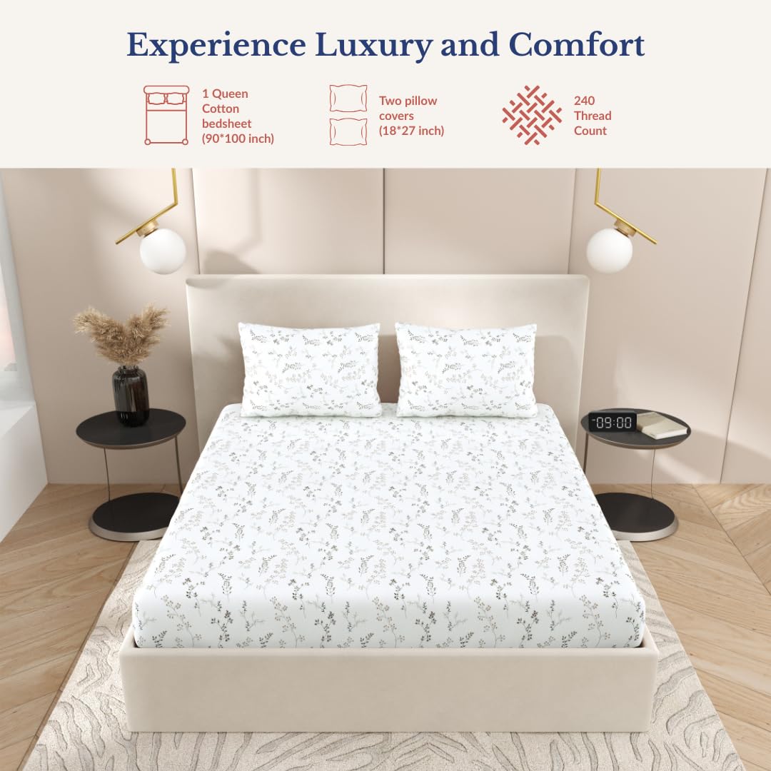 Queen Size Pure Cotton Bedsheet With 2 Pillow Covers | 90 × 100 Inches, White & Brown | Soft Breathable Floral Design Bedding | Comfortable Sleep All Year