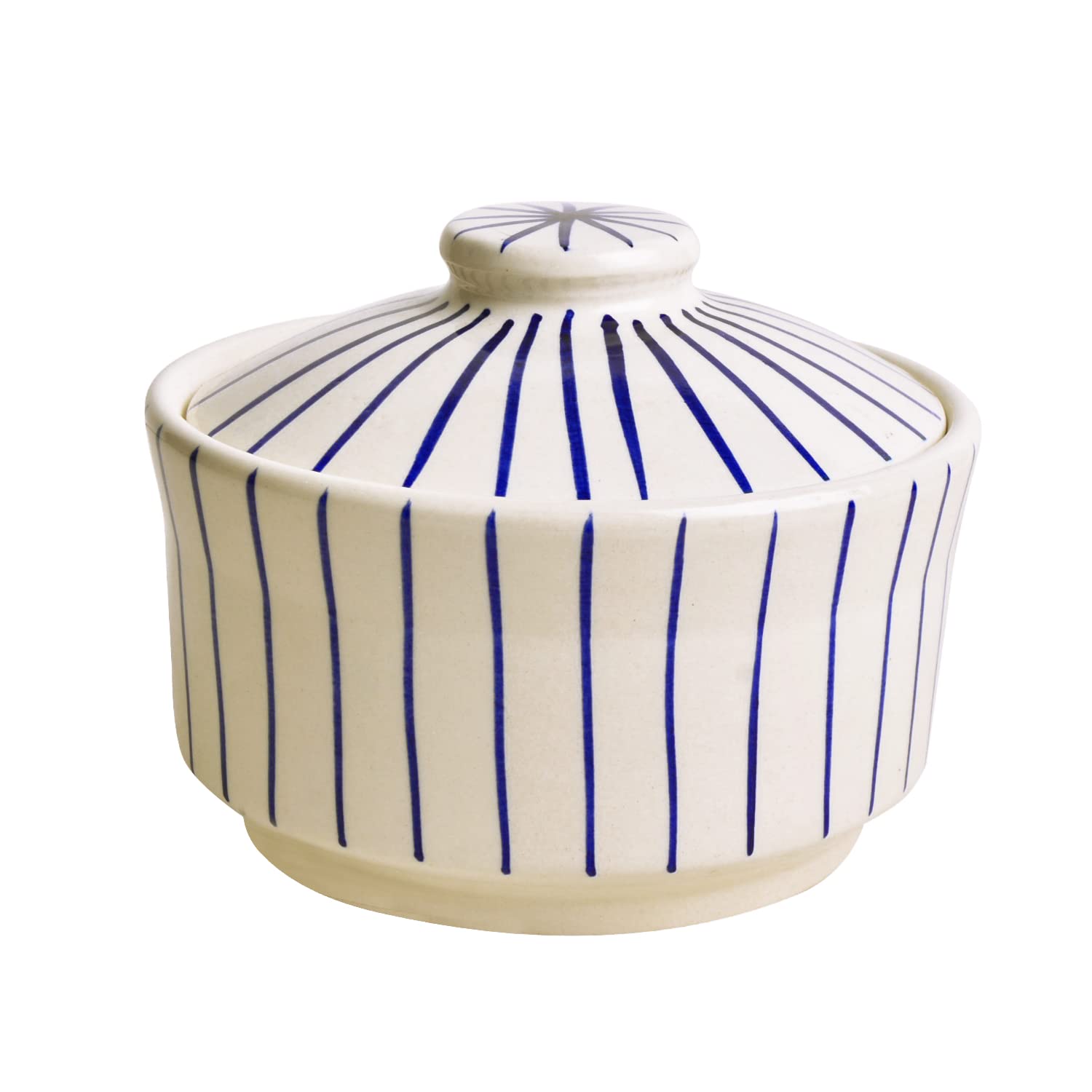 Ceramic Striped Serving Donga With Lid, White & Blue - Diameter 16 Cm, 1000ml | Dinner Serving Bowl - Kitchen Bowl