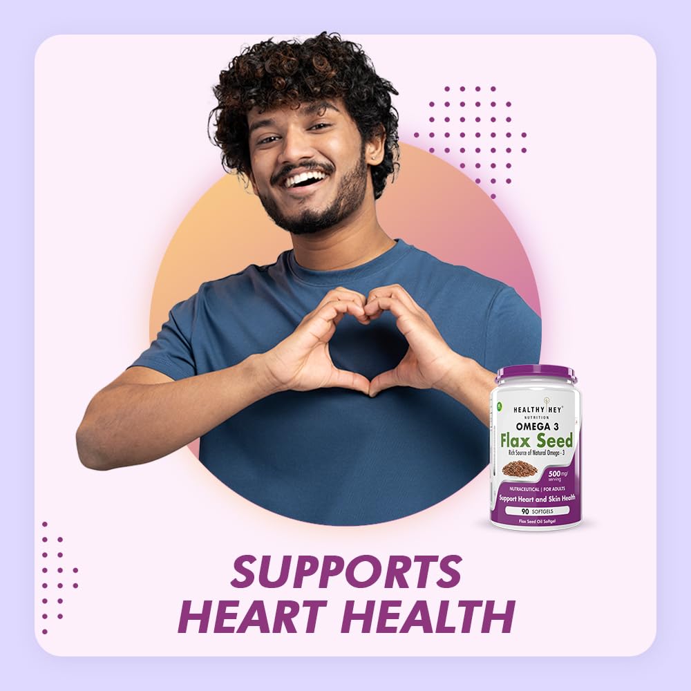 Healthyhey Flaxseed Rich Source Of Natural Omega 3 500mg, Support Heart Health, Support Healthy Cellular Function | 90 Softgels 150gm 0.3lbs