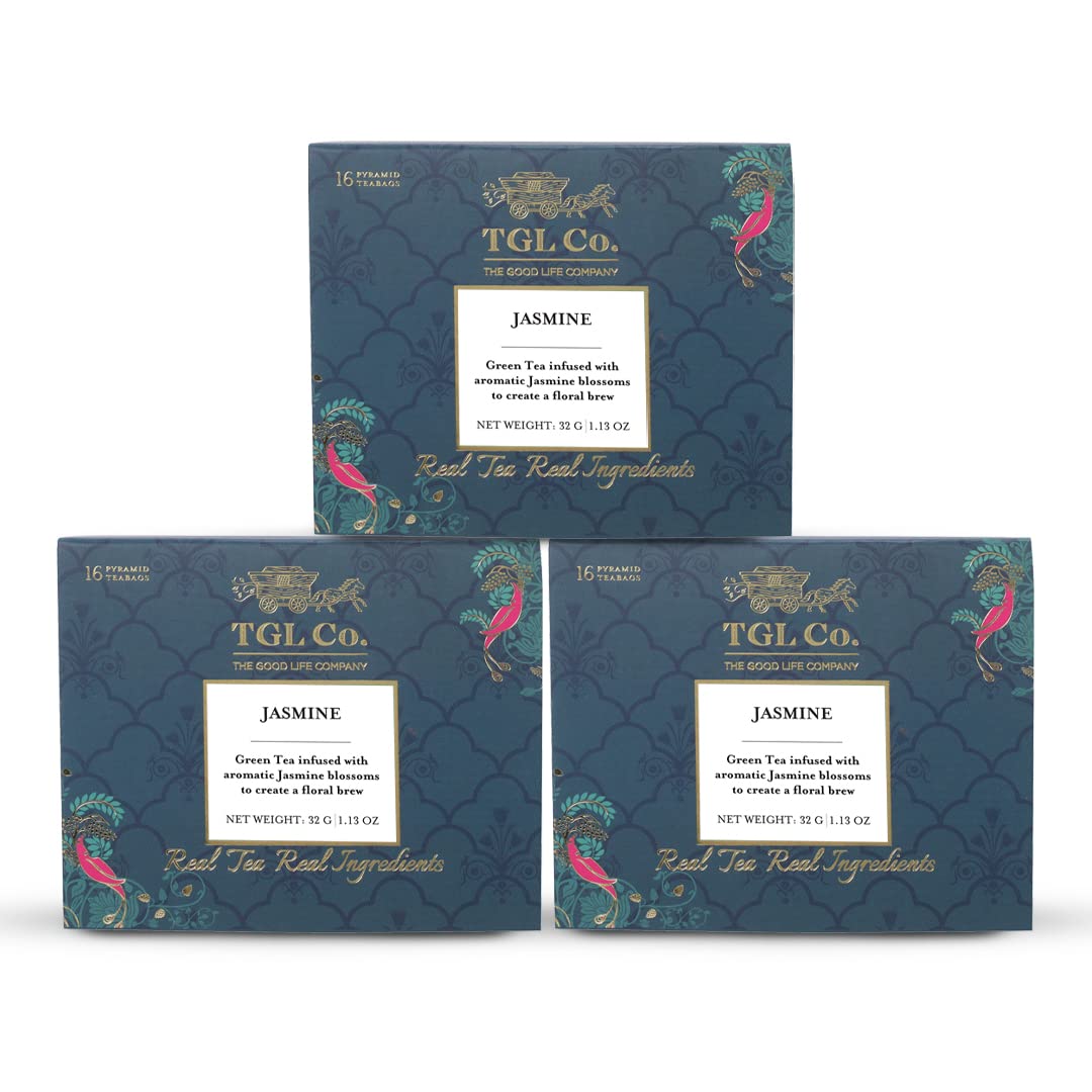 TGL Co. Jasmine Green Tea - Pack Of 3 X 16 Pyramid Tea Bags, 96gm, 3.3 Ounce | Rich In Anti Oxidant, Improve Digestion - Medium Caffeine, No Artificial Flavor