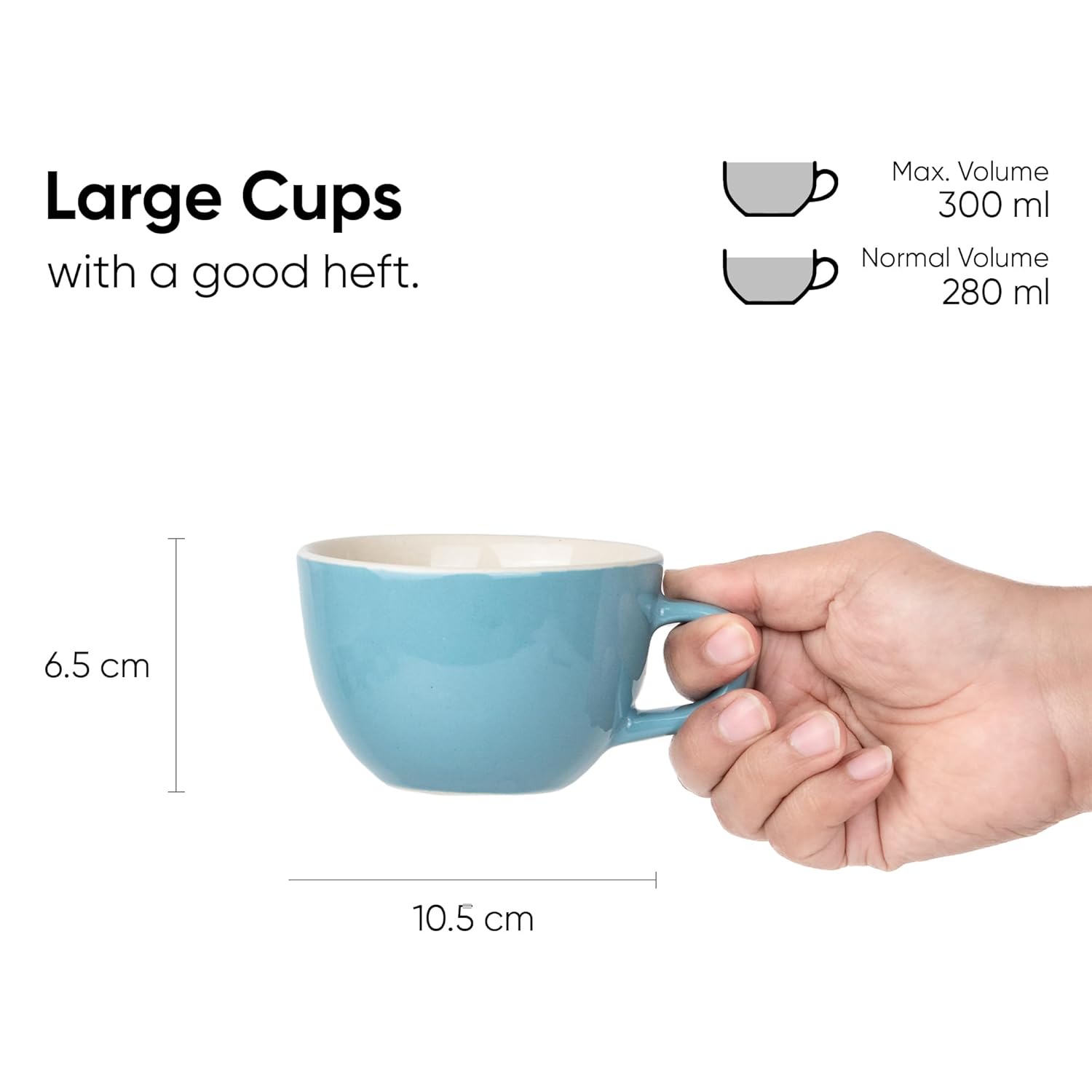 Large Ceramic Coffee Cup Set Of 2 - Blue, 300ml Each | Cappuccino Cup With Glossy Finish - Large Ceramic Coffee Cup | Premium Stoneware Coffee Cup - Microwave Safe