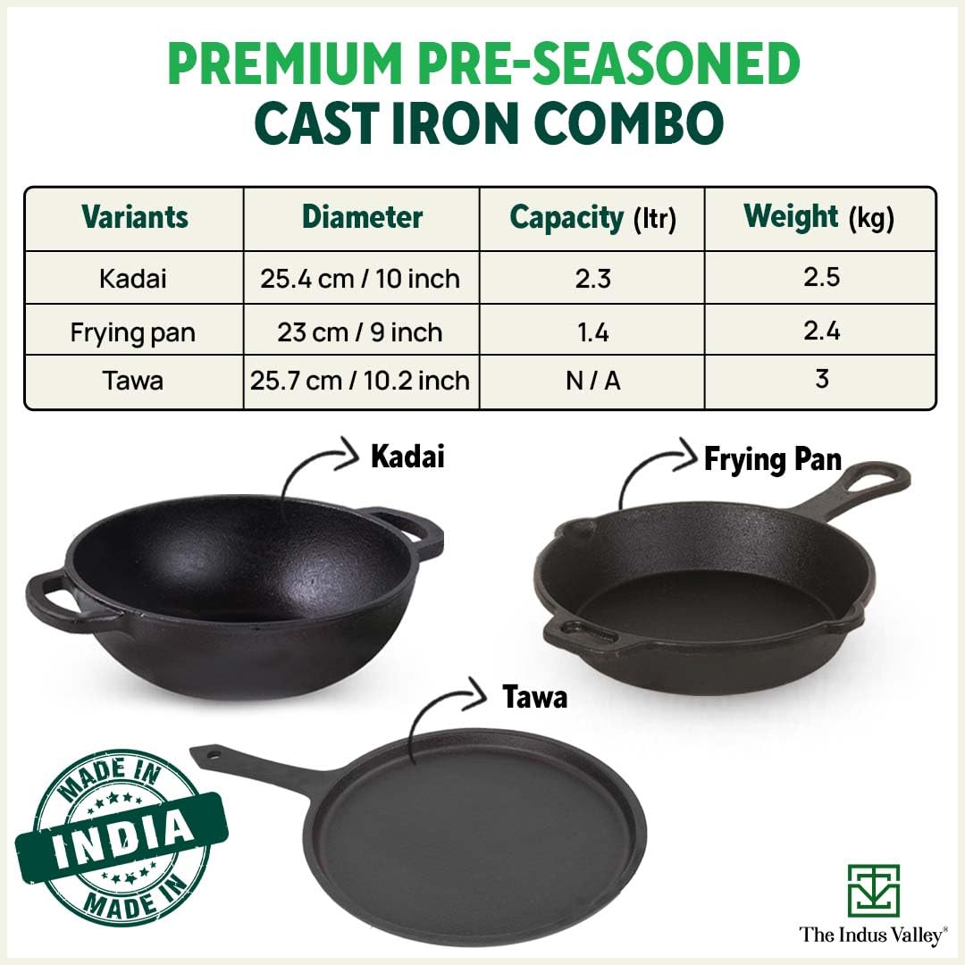 Pre-Seasoned Black Cast Iron Cookware Set + Free Tadka Pan | Tawa 25.7cm + Kadai 25.4cm, 2.3 Liters + Fry Pan 23cm, 1.4 Liters - Kitchen Cooking Combo Pots & Pans Set Of 4 Pcs | Naturally Nonstick