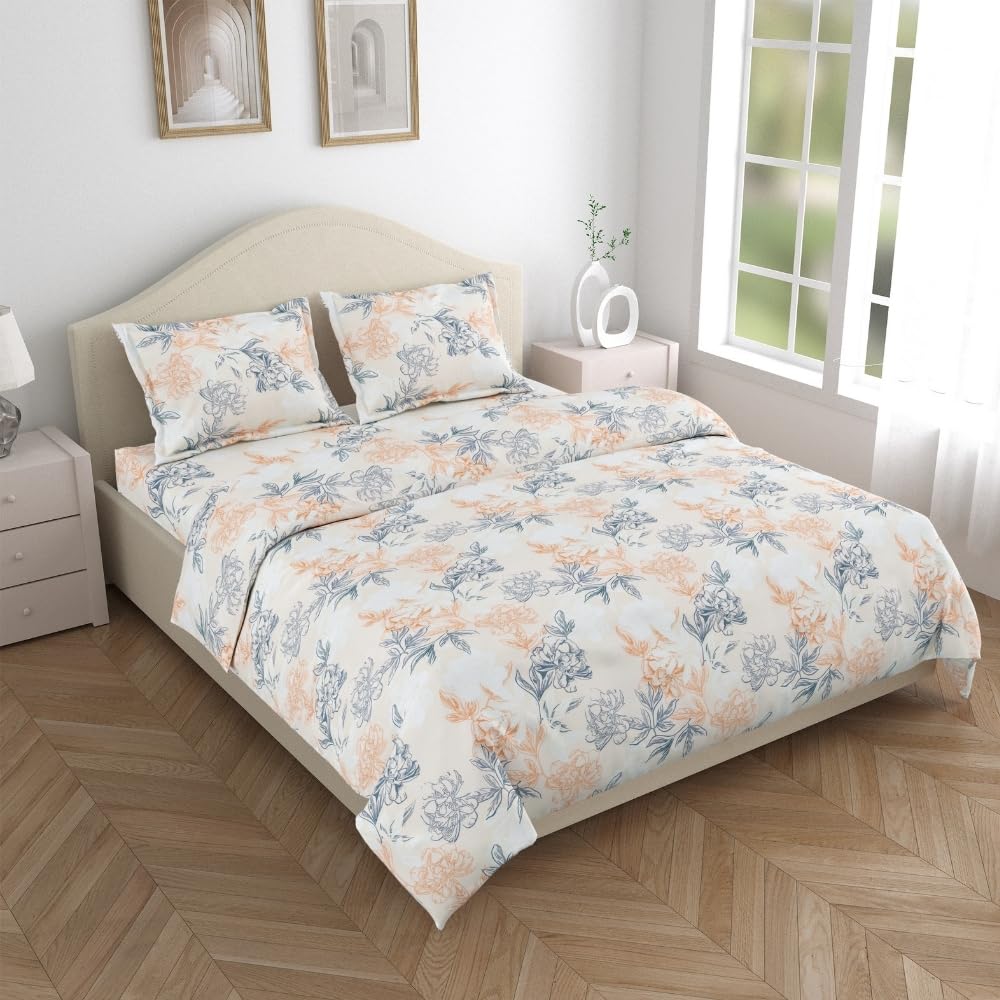 Flat Bedsheet Queen Size Bed With 2 Pillow Covers - 100 X 90 Inches, Peach & Grey | Soft, Breathable & Durable | Skin-Friendly & Durable