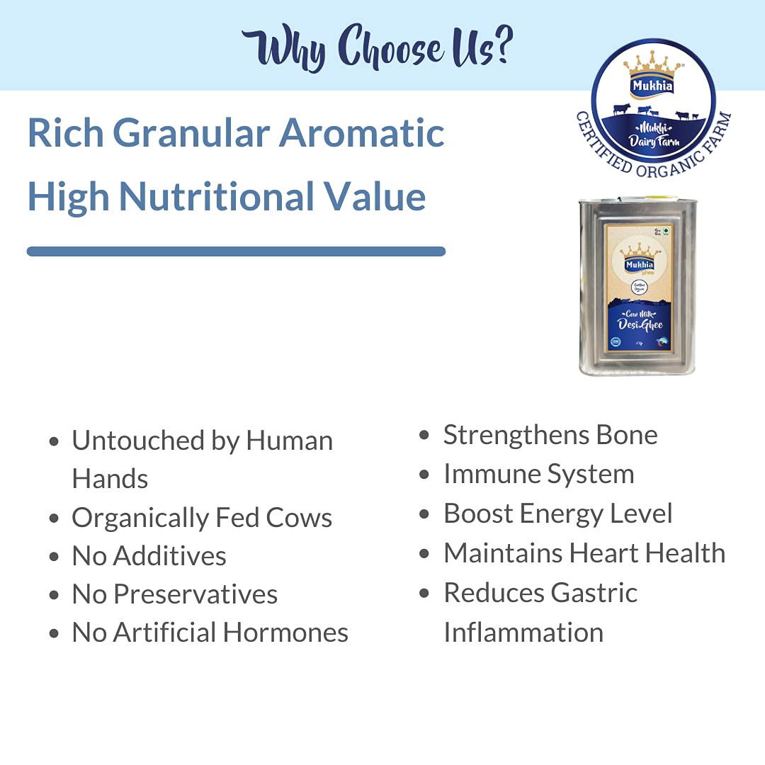 Natural Premium A2 Cow Desi Ghee By Mukhia | Delicious Healthy & Nutritious Cow Ghee For Immune System | (5 Litr) 169.0 Ounce | Tin Pack