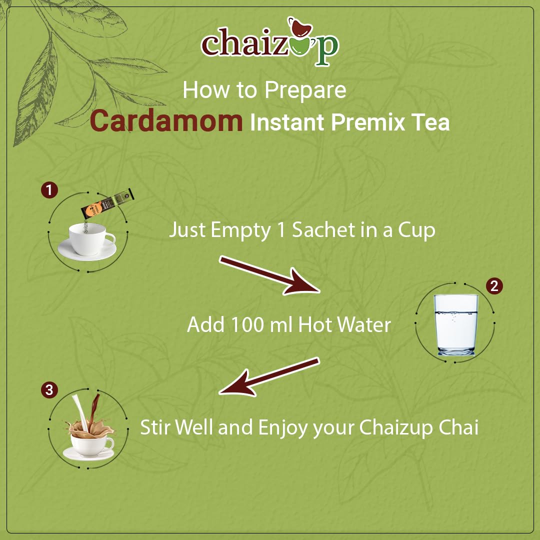 Chaizup Premium 1 Min Instant Cardamom Tea Premix - Pack Of 2 X 140gm, 4.9 Ounce Each, 20 Sachets | Just Add Hot Water - Assam Elaichi Chai Powder | Low Caffeine Home Like Tea