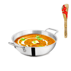 Triply Stainless Steel Kadai Or Kadhai With Free Wooden Spatula For 1-2 People - Very Small, 20.3cm, 8 Inch, 1.7 Liters, 1kg | Induction Friendly, Nonstick 3-Layer Body, No Chemical Coating