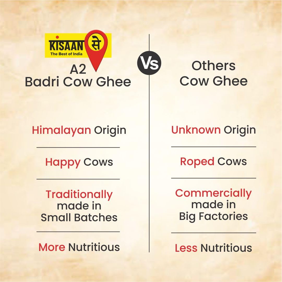 Pure Himalayan Badri A2 Cow Ghee By Kisaansay | Traditionally Bilona Churned Pure Desi Ghee Perfect For Body Joint Pain | (1 Litr) 33.8 Ounce | Jar Pack