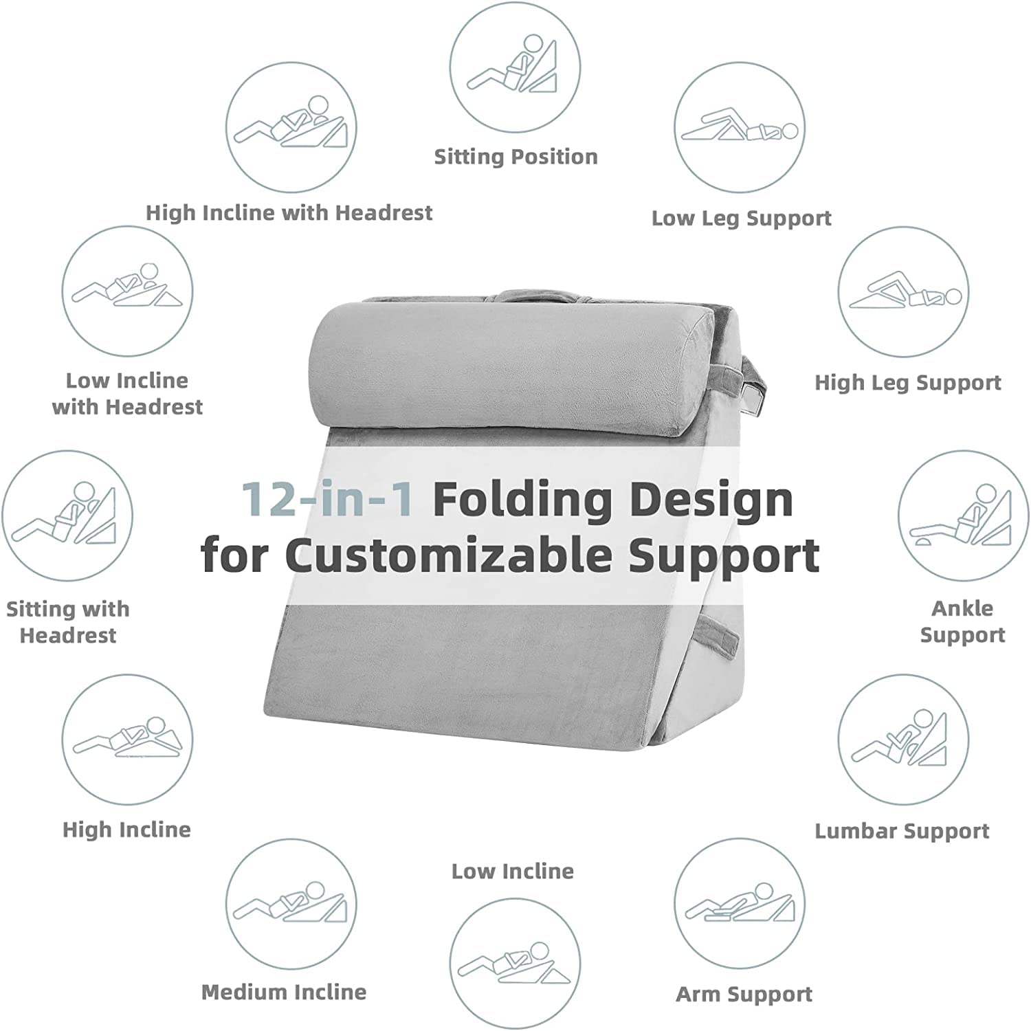 Memory Foam Orthopedic Bed Wedge Pillow, Head Rest, Adjustable Wedge Cushion, Grey | Pregnancy Pillow For Sleeping, Acid Reflux, Heartburn, Gerd, Leg Support Pillow, Back Support