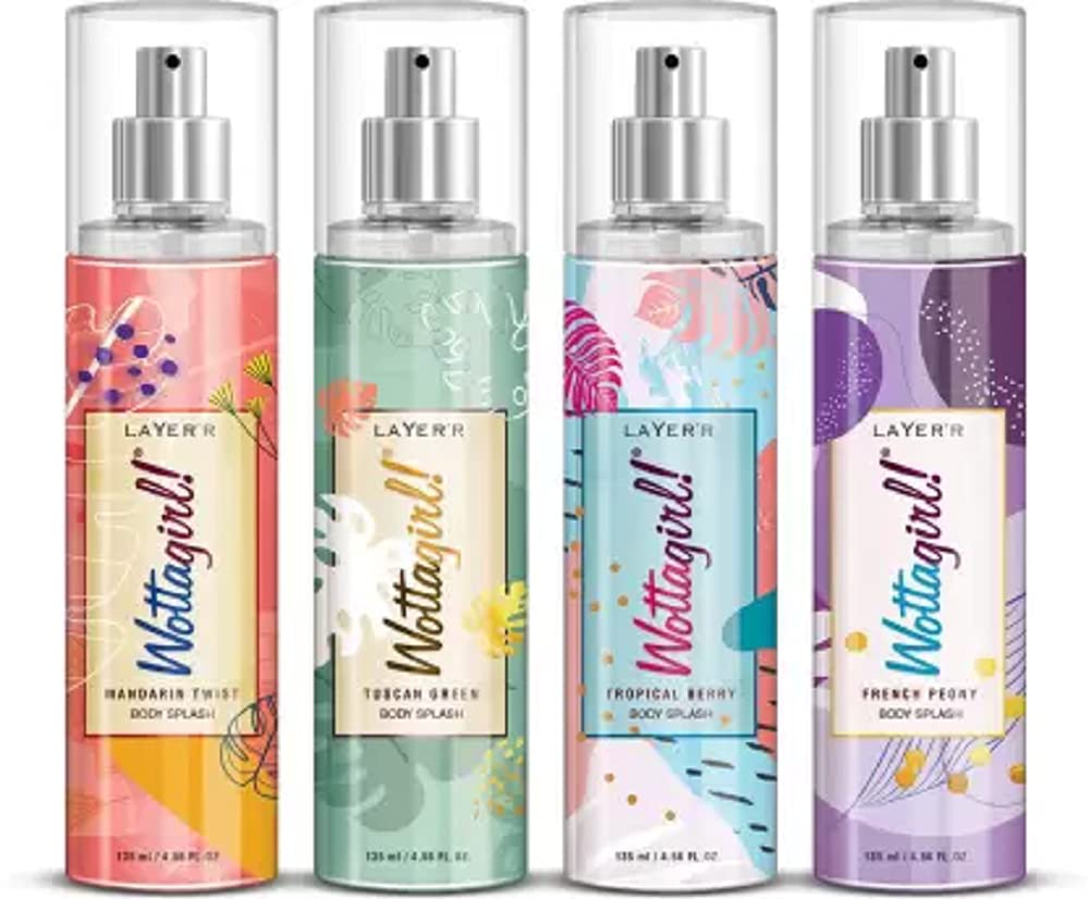 Layer'r Wottagirl Mandarin Twist + Tropical Berry + Tuscan Green + French Peony Fragrant Body Splash 135ml Each 4.56 Fl.oz. | Combo Of 4