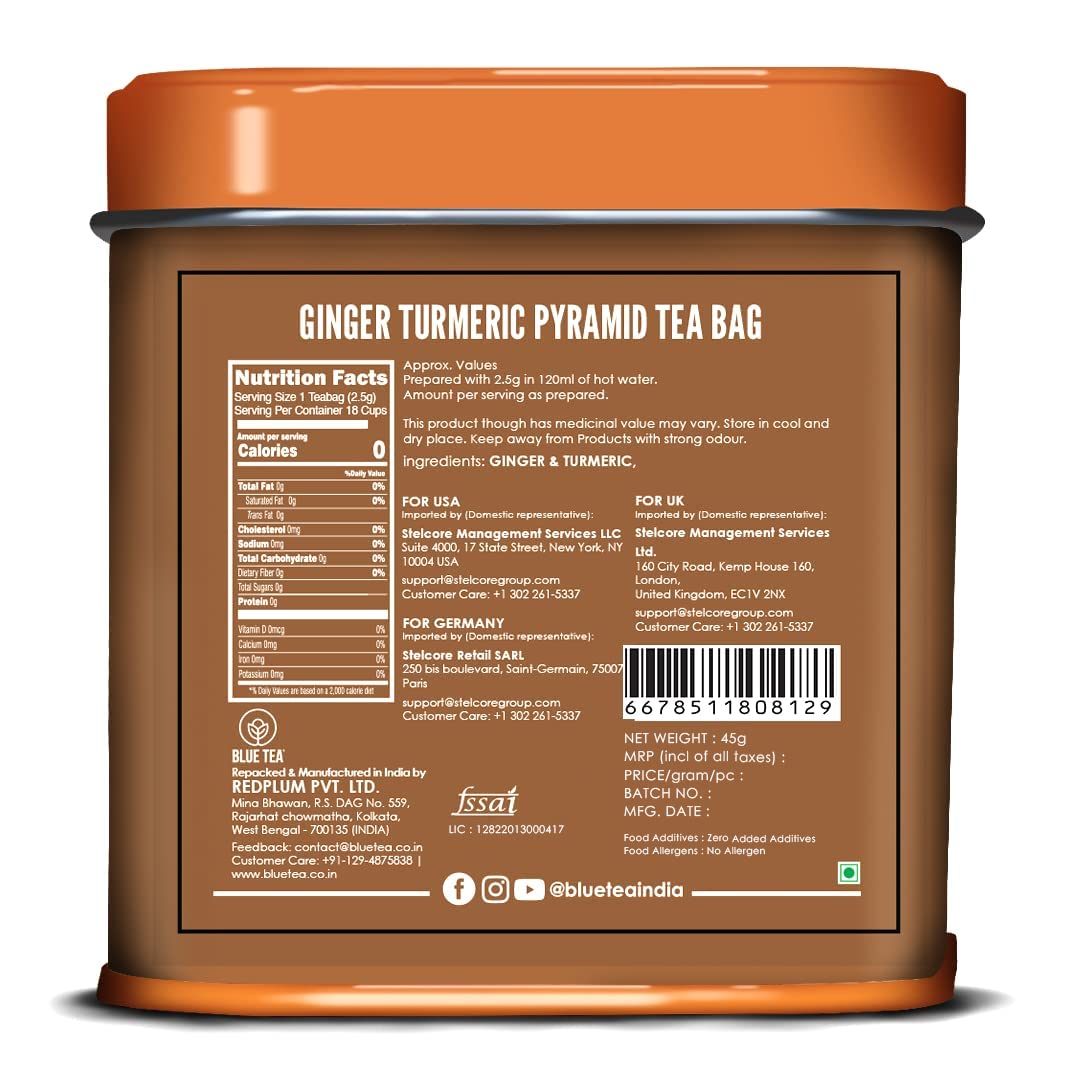 Blue Tea Caffeine Free Ginger Turmeric Herbal Tea - 18 Pyramid Tea Bags In Tin Pack | Enhances Immune System - Gluten Free, Non-GMO