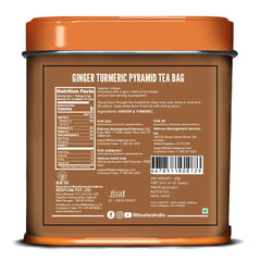 Blue Tea Caffeine Free Ginger Turmeric Herbal Tea - 18 Pyramid Tea Bags In Tin Pack | Enhances Immune System - Gluten Free, Non-GMO