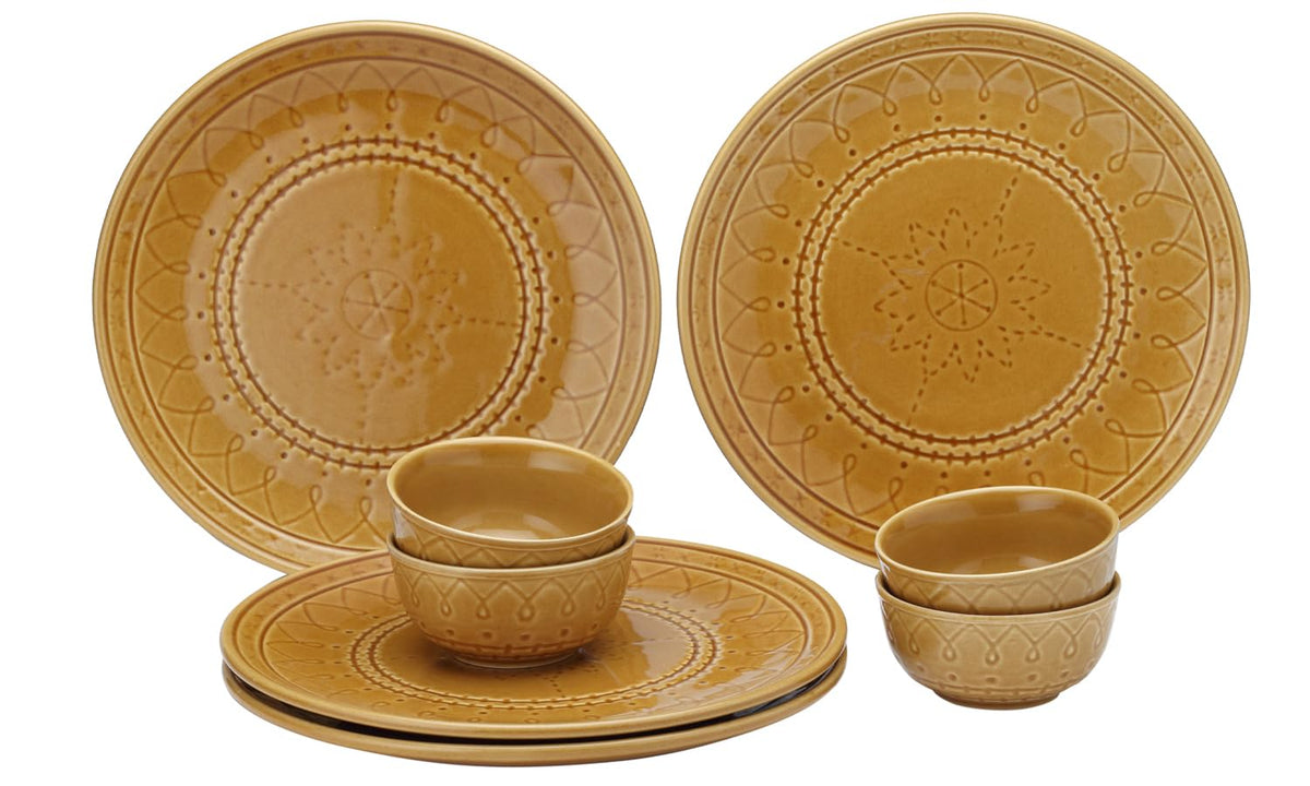 Handcrafted Stoneware Embossed Dinner Set Of 4 - Ceramic Pack Of 8 Pcs, Golden Brown | 4 Dinner Plates + 4 Bowl Or Katoris, 180ml Each - Microwave & Dishwasher Safe | Serving For 4