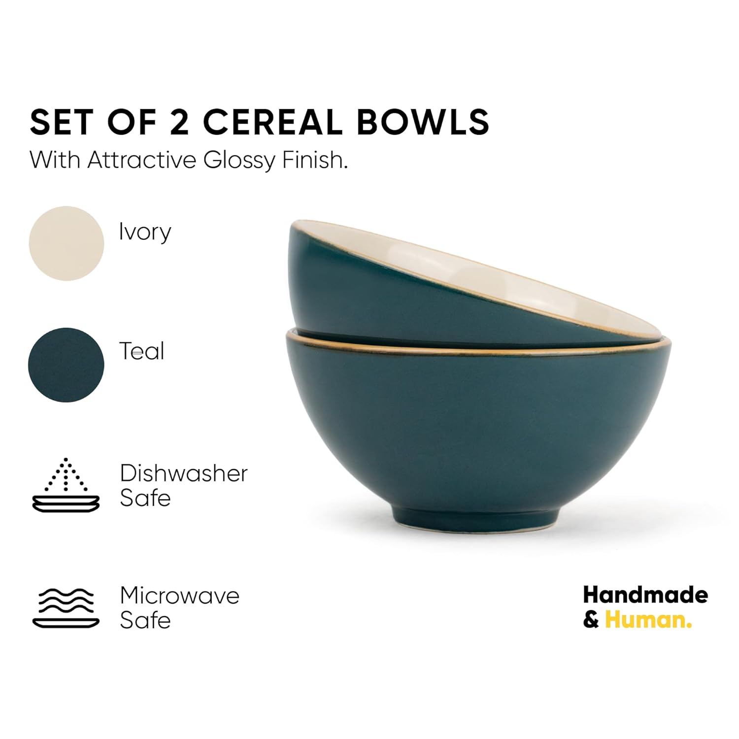 Ceramic Cereal Bowl Set Of 2 Pieces - 15cm, Teal Ivory, 600ml Each | Glossy Finish - Stoneware Ceramic Serving Bowls | Cereal Bowl - Maggi Bowl - Ceramic Bowl | Microwave Safe