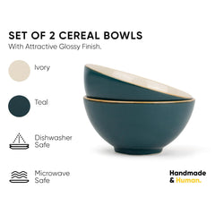 Ceramic Cereal Bowl Set Of 2 Pieces - 15cm, Teal Ivory, 600ml Each | Glossy Finish - Stoneware Ceramic Serving Bowls | Cereal Bowl - Maggi Bowl - Ceramic Bowl | Microwave Safe