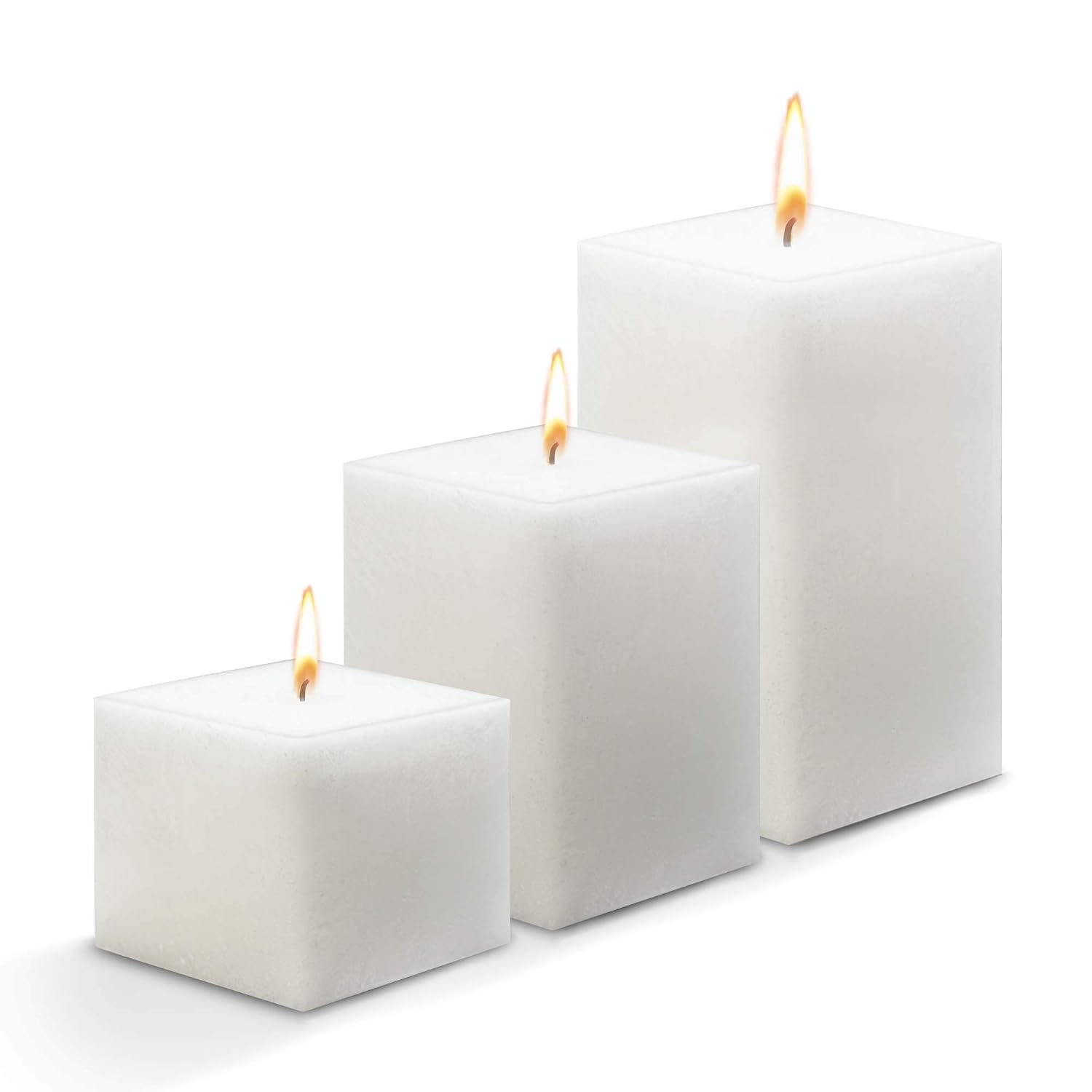 WHITE SQUARE CANDLES 3, 4, 6 INCH SET OF 3 | BURNING TIME OF 40 TO 80 HOURS