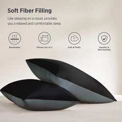 Premium Microfiber Soft Pillow For Sleeping, Black & Grey, Standard Size - 16 X 24 Inches | Comfy Hotel Comfort Pillow, Vacuum Packed | Bed Pillow, Hypoallergenic, Lightweight - Set Of 2