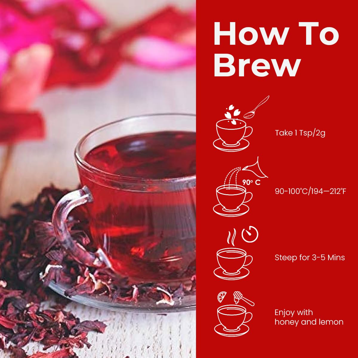 Blue Tea Hibiscus Flower Herbal Tea - 100gm Zipper Pack, 3.5 Ounce, 100+ Cups | Skin Glow Enhancing Tea - Caffeine Free Flower Based Tangy Flavor Tea