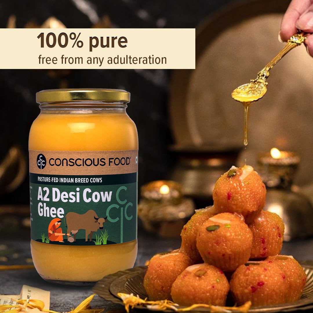 Organic A2 Desi Cow Ghee By Conscious Food | Good Source Of Protein Fiber & Vitamin A Healthy Desi Cow Ghee Perfect For Cooking, Baking | (1 Litr) 33.8 Ounce | Jar Pack