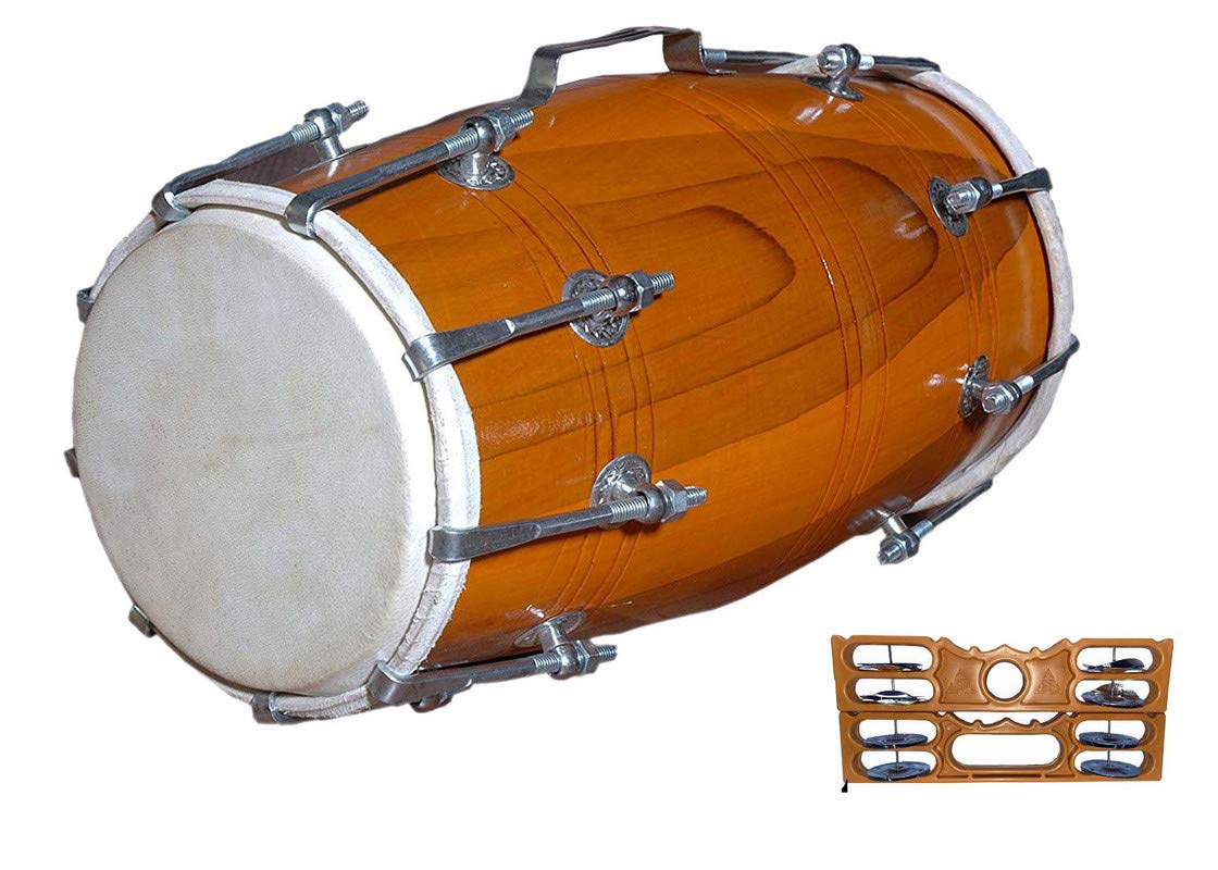 Wooden Nut & Rope Goat Skin Dholak With Khartal, Beautiful Shiny Color Orange Rag Design - Perfectly Symmetric Round Dholak | Dholak For Festival, Wedding, Satsang - Very Easy To Tune, Easy To Learn