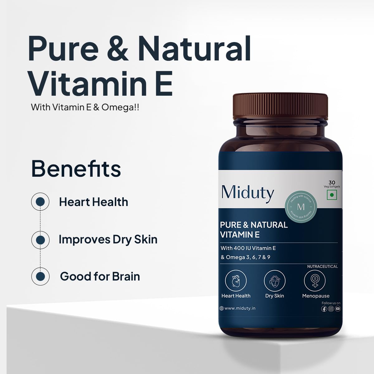 Miduty Pure Natural Vitamin E Capsules, Enhanced With Omega 3,6,7,9 Sea Buckthorn Berry Oil , Boosts Immunity , Balance Cholesterol , Better Heart Health | 30 Softgel , 50gm 0.1lbs