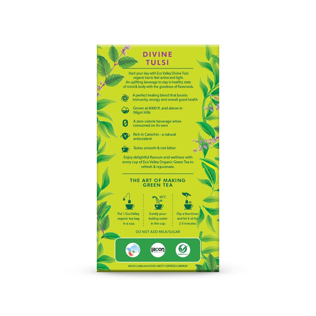 Eco Valley Divine Tulsi Organic Green Tea - 25 Tea Bags | Rich In Antioxidants, Zero Calories - Certified Organic Grown In Nilgiris, Low Caffeine