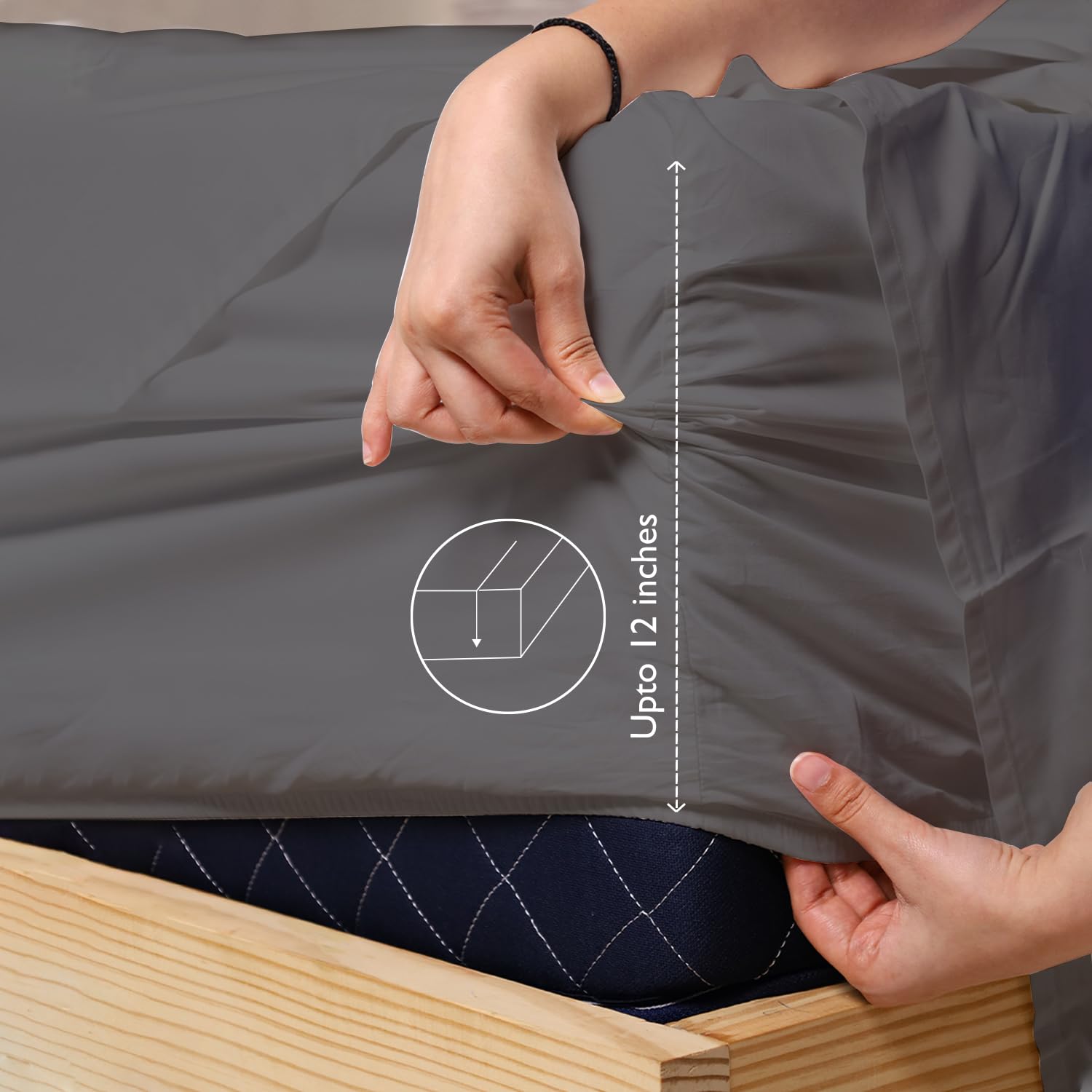 Pure Cotton Elastic Fitted Bedsheet With 2 Pillow Cover - 72 X 72 Inches, Light Grey | Machine & Hand Wash | Environmentally Friendly Bedding