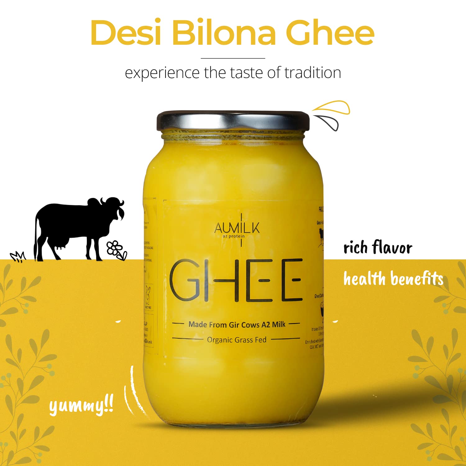 Natural Premium A2 Gir Cow Bilona Desi Ghee By Aumilk | Rich In Nutrients Healthy Desi Cow Ghee Good For Pulao & Parathas | (1 Litre) 33.8 Ounce | Jar Pack