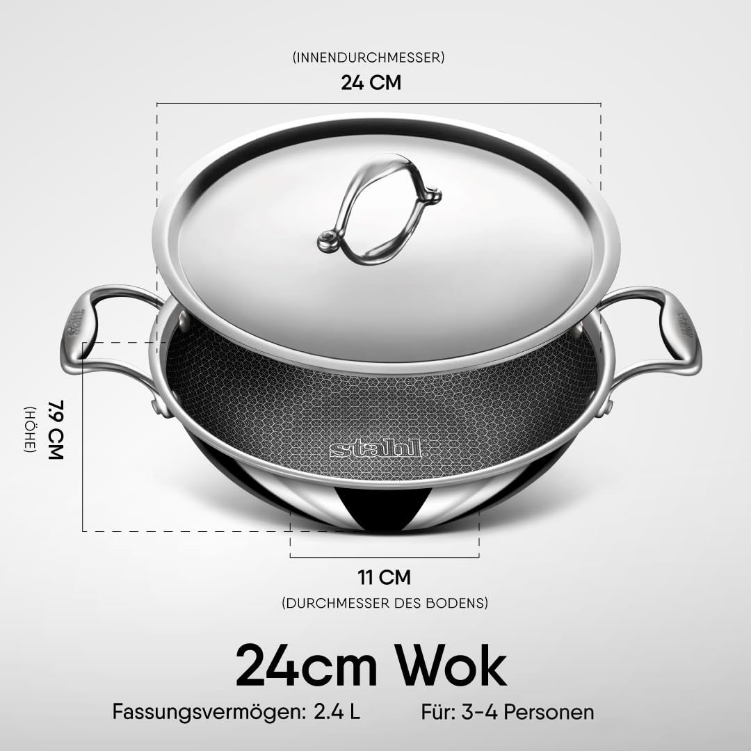 Artisan Hybrid Triply Non Stick Kadai With Lid, 2.4 Liters | Stainless Steel Kadhai, 24cm - Induction Friendly
