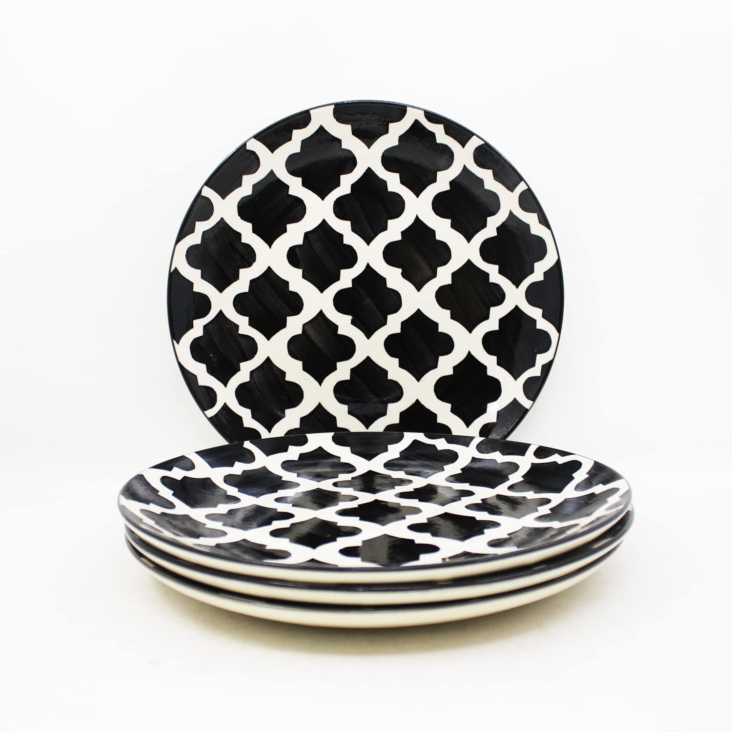 Black Moroccan Ceramic Dinner Plates Set Of 4 - 10 Inches, 4 Pieces | Hand Painted Full Ceramic Plates For Dinner - Microwave Safe & Dishwasher Safe
