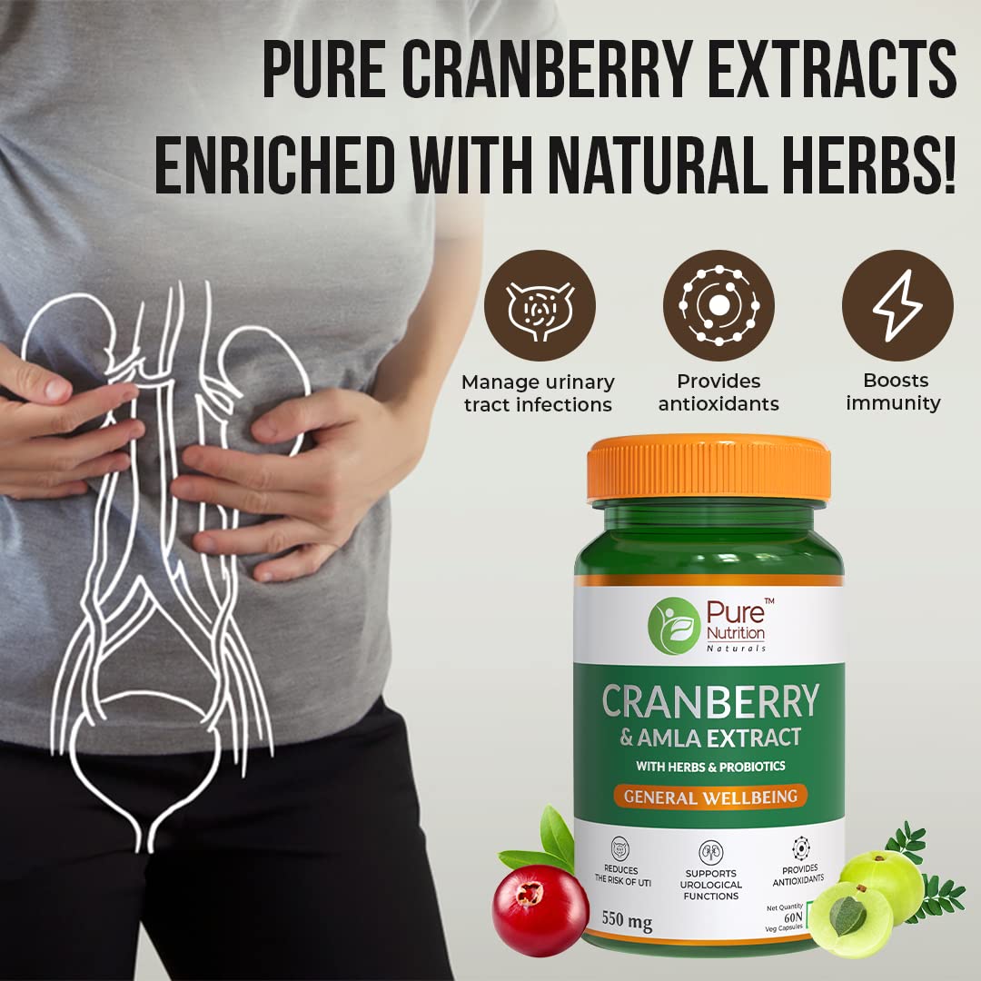 Pure Nutrition Cranberry & Amla Extract With 3bn Cfu Probiotics, Uti Health Supplement For Unisex, Useful For Bladder & Urinary Tract Infections | 550mg 60 Veg Capsules 100gm 0.2lbs