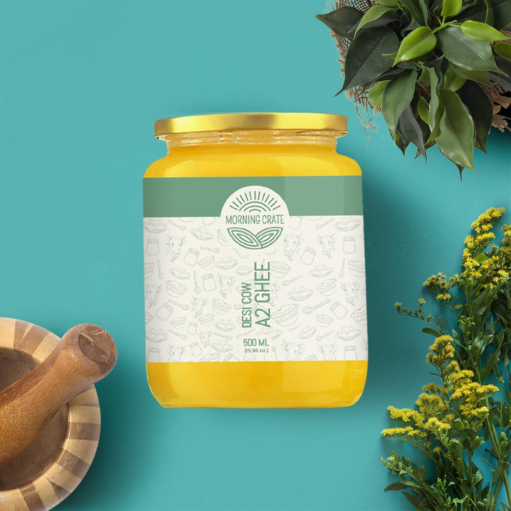 Premium Natural Desi Cow A2 Ghee By Morning Crate | Good Source Of Protein Fiber Healthy Pure Desi Cow Ghee Perfect For Body Health | (500ml) 16.9 Ounce | Jar Pack