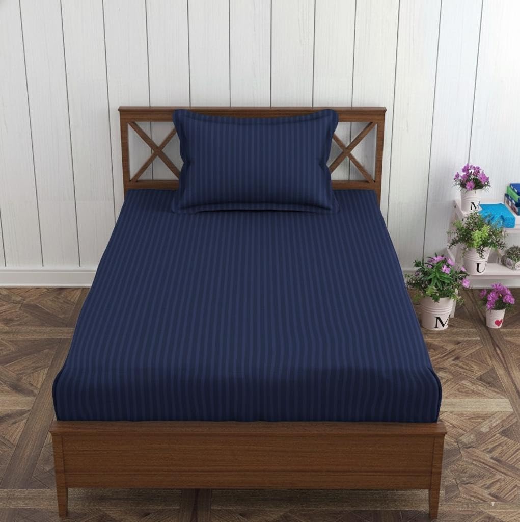 Single Elastic Fitted Bedsheet With 1 Pillow Covers - 30 X 72 Inches, Dark Blue | Breathable & Wrinkle Free, Soft Touch Print Sheet